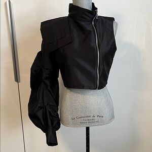 COCO ROCHA NWT Black One Puff Sleeve Cropped Zippered Satiny Blouse, Size M